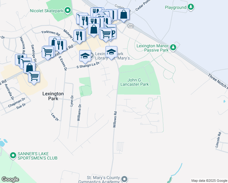 map of restaurants, bars, coffee shops, grocery stores, and more near 46877 Anita Court in Lexington Park