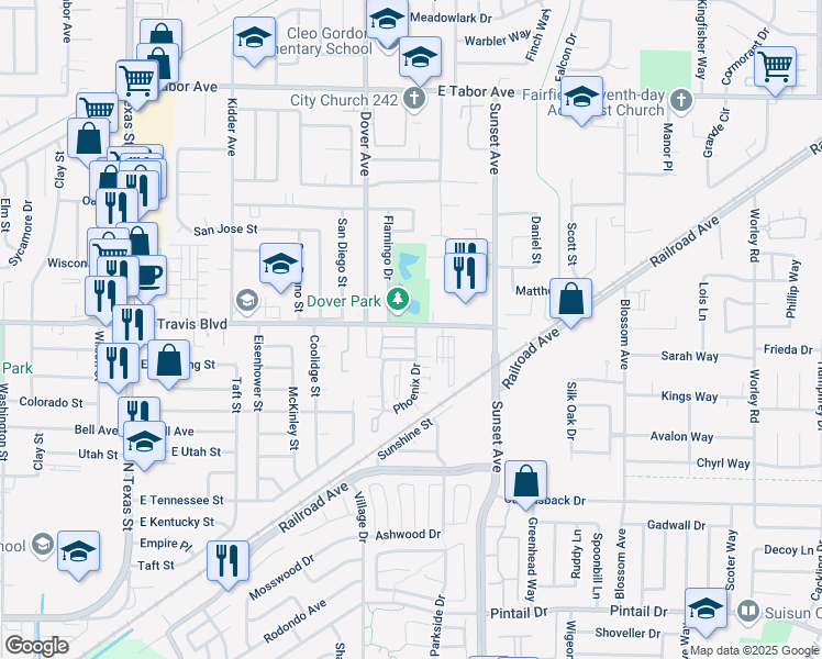 map of restaurants, bars, coffee shops, grocery stores, and more near 713 East Travis Boulevard in Fairfield