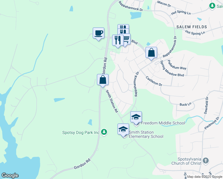map of restaurants, bars, coffee shops, grocery stores, and more near 11100 Taney Drive in Fredericksburg
