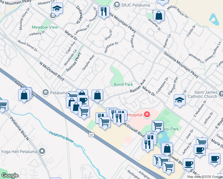 map of restaurants, bars, coffee shops, grocery stores, and more near 121 Prince Albert Street in Petaluma