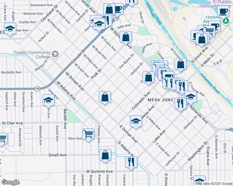 map of restaurants, bars, coffee shops, grocery stores, and more near 251-299 W Grant Ave in Pueblo