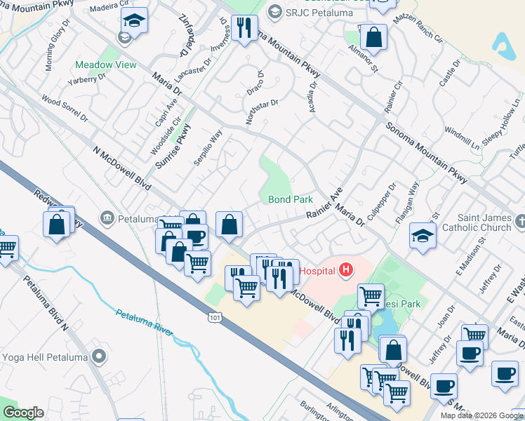 map of restaurants, bars, coffee shops, grocery stores, and more near 121 Prince Albert Street in Petaluma