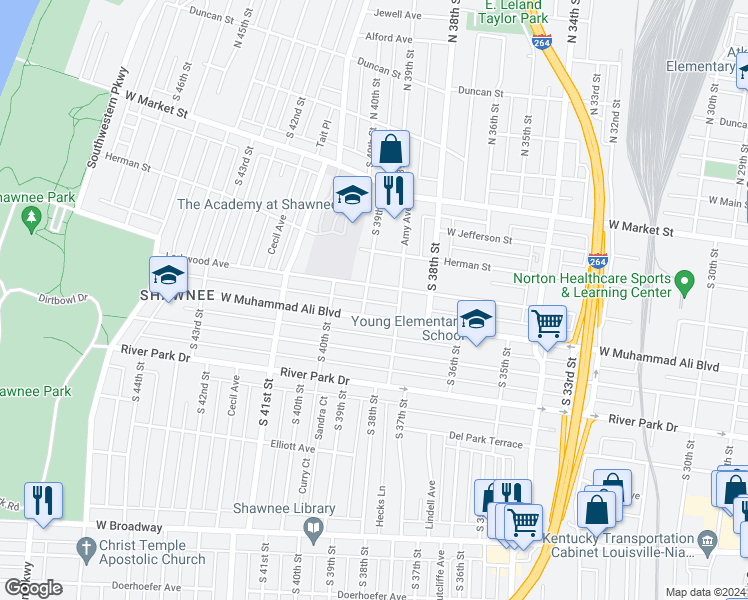 map of restaurants, bars, coffee shops, grocery stores, and more near 3848 West Muhammad Ali Boulevard in Louisville