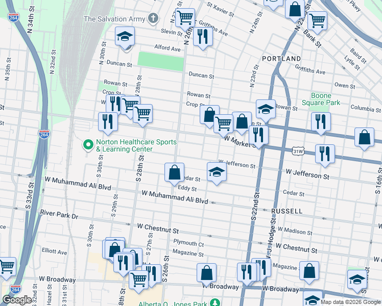 map of restaurants, bars, coffee shops, grocery stores, and more near 2510 West Jefferson Street in Louisville