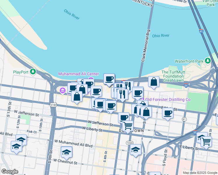 map of restaurants, bars, coffee shops, grocery stores, and more near 140 North Fourth Street in Louisville