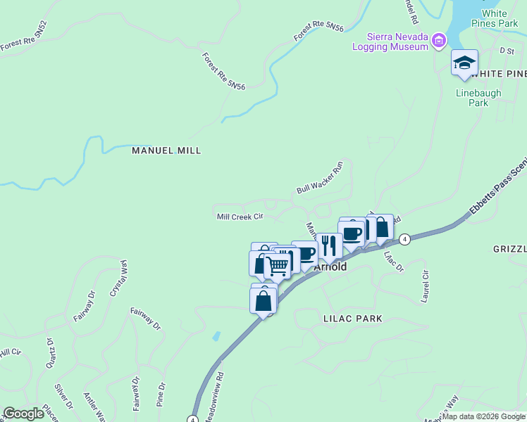 map of restaurants, bars, coffee shops, grocery stores, and more near 53 Mill Creek Circle in Arnold