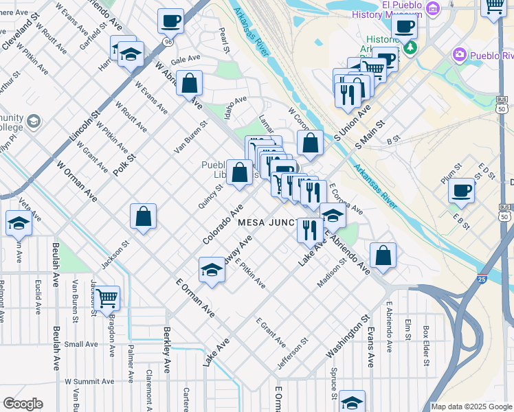 map of restaurants, bars, coffee shops, grocery stores, and more near 111 East Evans Avenue in Pueblo