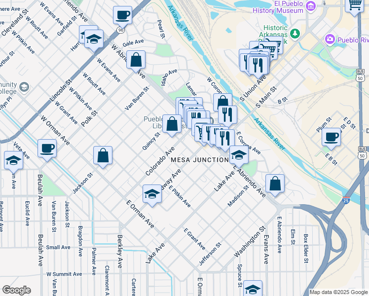 map of restaurants, bars, coffee shops, grocery stores, and more near 113 East Evans Avenue in Pueblo