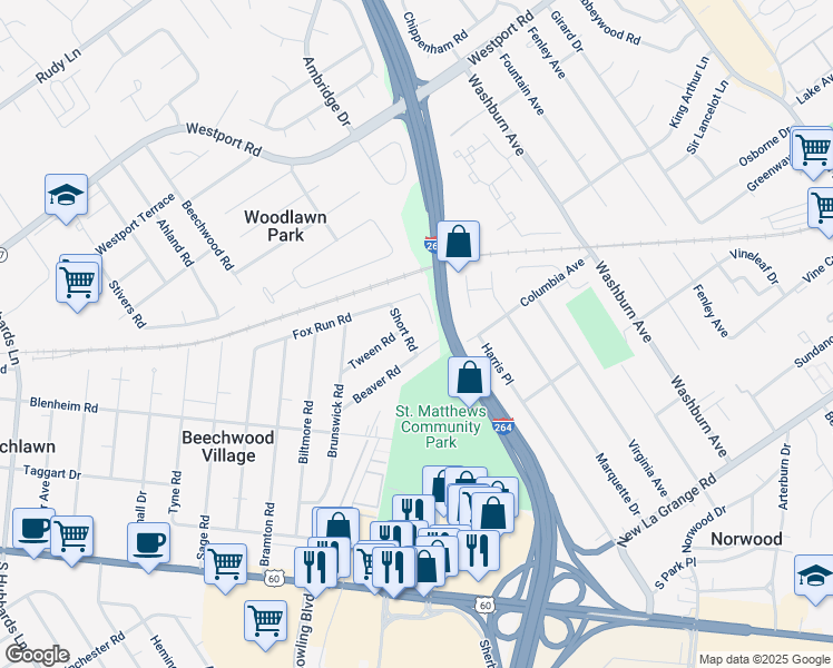 map of restaurants, bars, coffee shops, grocery stores, and more near 4624 Beaver Road in Louisville