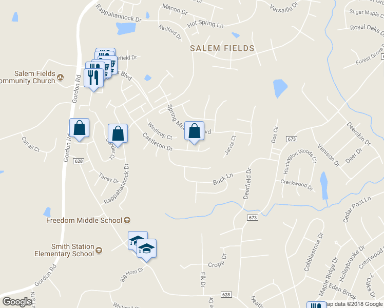 map of restaurants, bars, coffee shops, grocery stores, and more near 6712 Castleton Drive in Fredericksburg