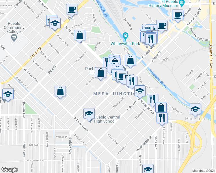 map of restaurants, bars, coffee shops, grocery stores, and more near 213 Broadway Avenue in Pueblo