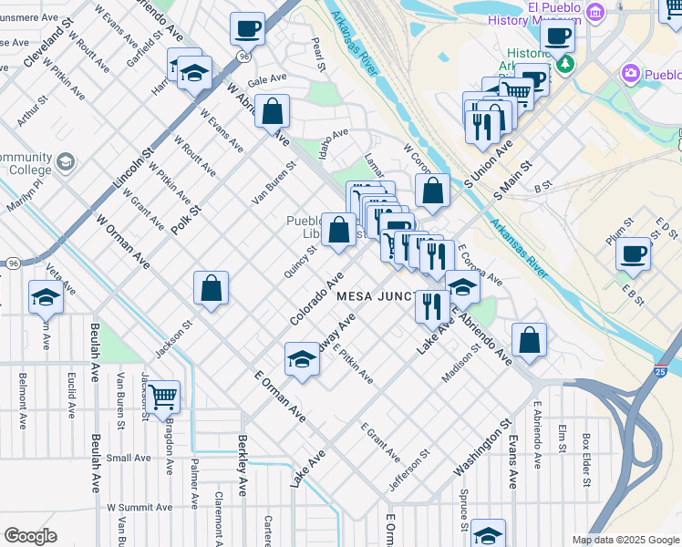 map of restaurants, bars, coffee shops, grocery stores, and more near 110 East Routt Avenue in Pueblo