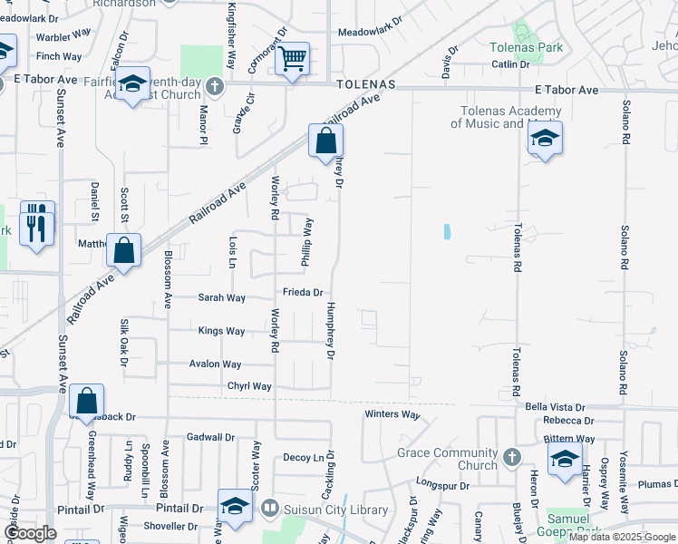 map of restaurants, bars, coffee shops, grocery stores, and more near 1223 Humphrey Drive in Suisun City