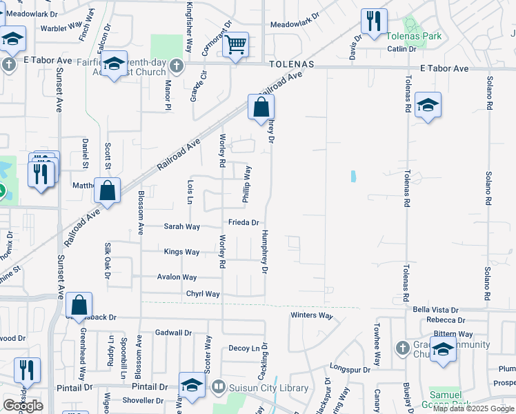 map of restaurants, bars, coffee shops, grocery stores, and more near 1223 Humphrey Drive in Suisun City
