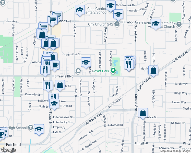 map of restaurants, bars, coffee shops, grocery stores, and more near 1502 Coolidge Street in Fairfield