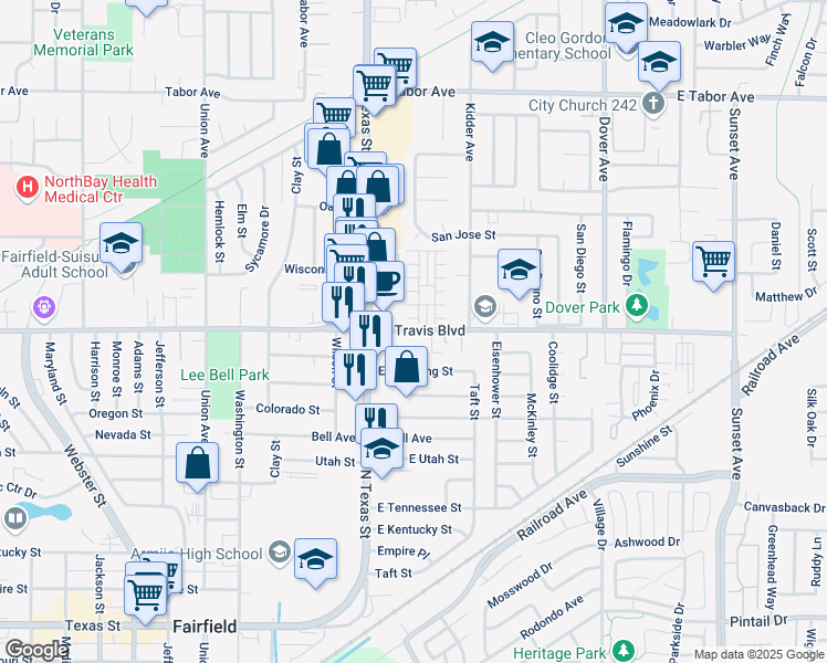 map of restaurants, bars, coffee shops, grocery stores, and more near 219 East Travis Boulevard in Fairfield