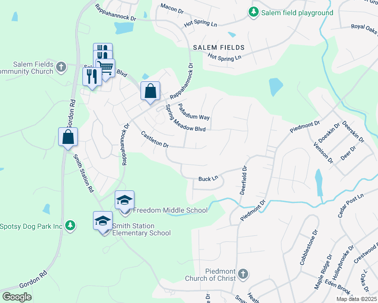map of restaurants, bars, coffee shops, grocery stores, and more near 6712 Castleton Drive in Fredericksburg