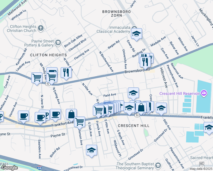 map of restaurants, bars, coffee shops, grocery stores, and more near 2733 Field Avenue in Louisville