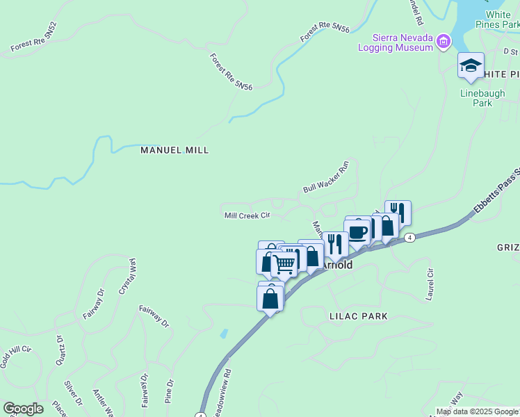 map of restaurants, bars, coffee shops, grocery stores, and more near 53 Mill Creek Circle in Arnold