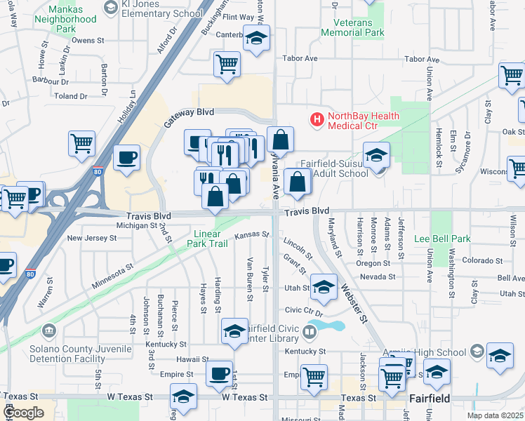 map of restaurants, bars, coffee shops, grocery stores, and more near Travis Blvd in Fairfield