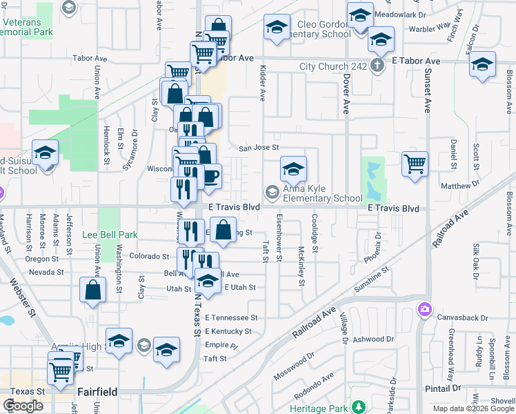 map of restaurants, bars, coffee shops, grocery stores, and more near East Travis Boulevard & Rayburn Court in Fairfield