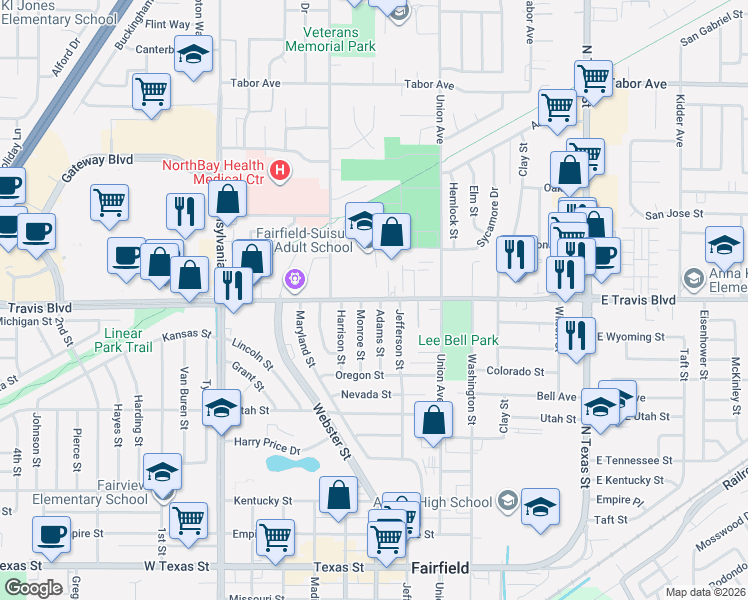 map of restaurants, bars, coffee shops, grocery stores, and more near 1504 Adams Street in Fairfield