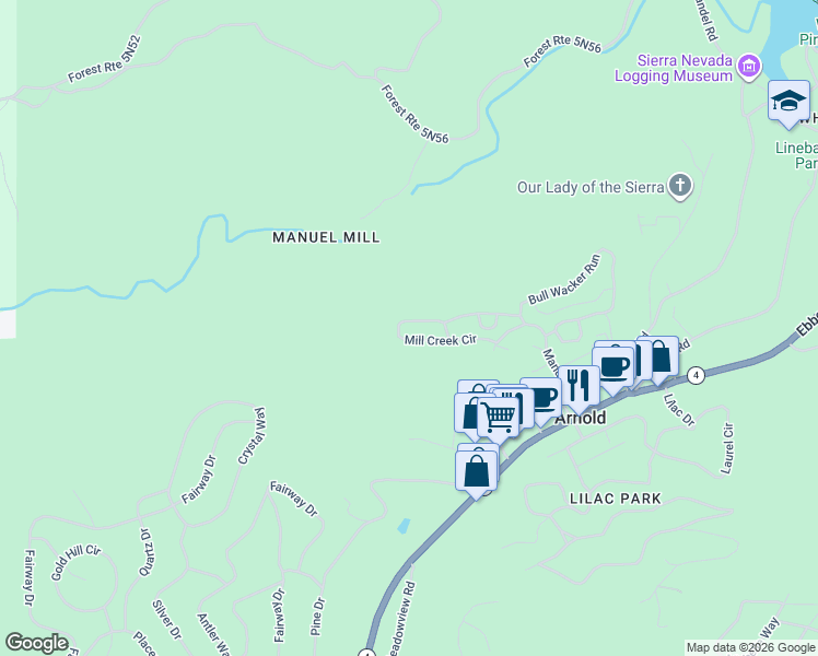map of restaurants, bars, coffee shops, grocery stores, and more near 249 Mill Creek Circle in Arnold