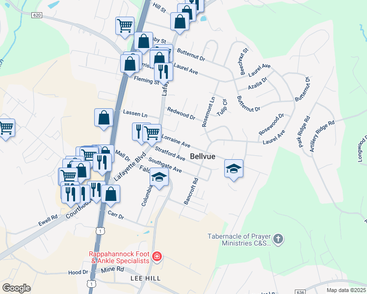 map of restaurants, bars, coffee shops, grocery stores, and more near 200 Lorraine Avenue in Fredericksburg