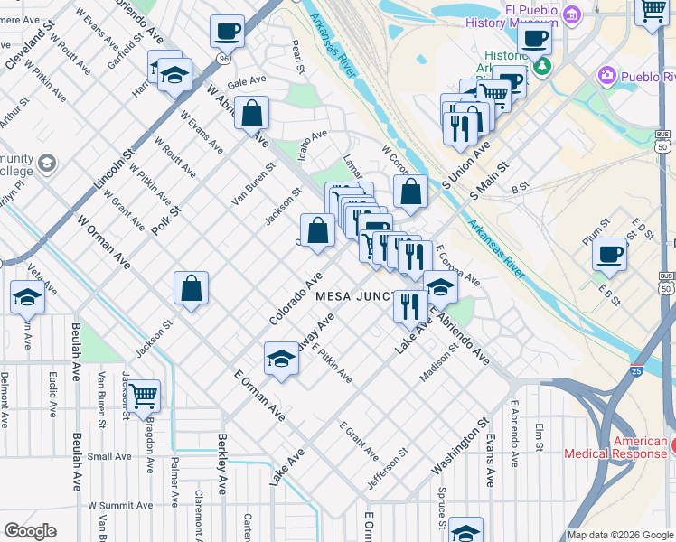 map of restaurants, bars, coffee shops, grocery stores, and more near 120 Colorado Avenue in Pueblo