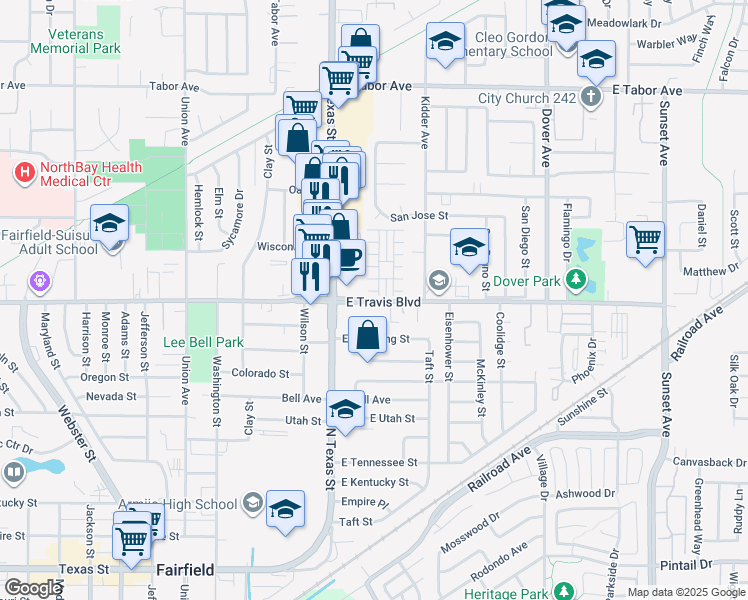 map of restaurants, bars, coffee shops, grocery stores, and more near 1619 Vicksburg Drive in Fairfield
