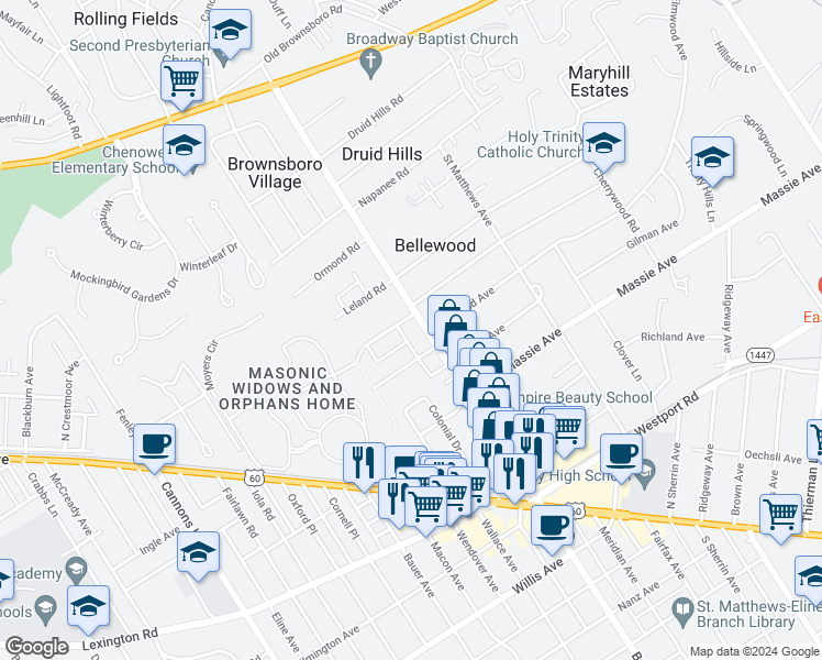 map of restaurants, bars, coffee shops, grocery stores, and more near 3900 Brookfield Avenue in Louisville