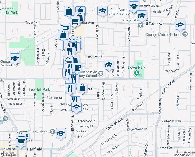 map of restaurants, bars, coffee shops, grocery stores, and more near 1600 Kidder Avenue in Fairfield