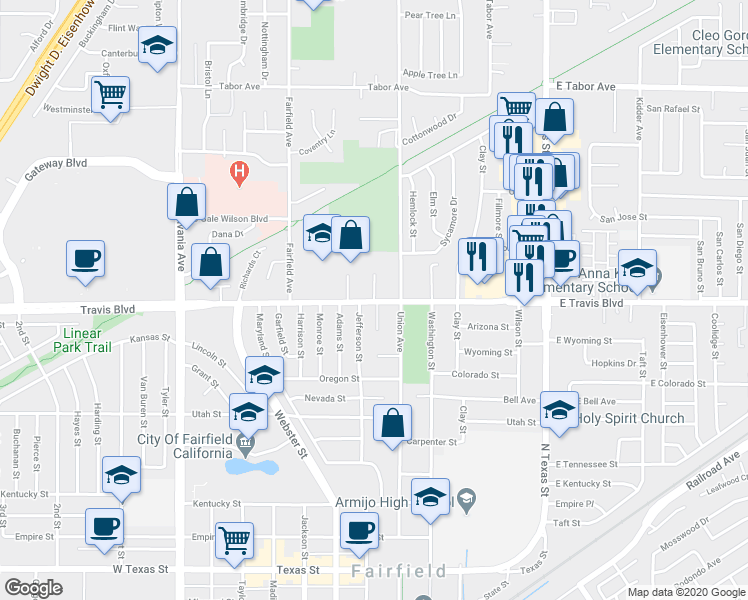 map of restaurants, bars, coffee shops, grocery stores, and more near 1614 Travion Court in Fairfield