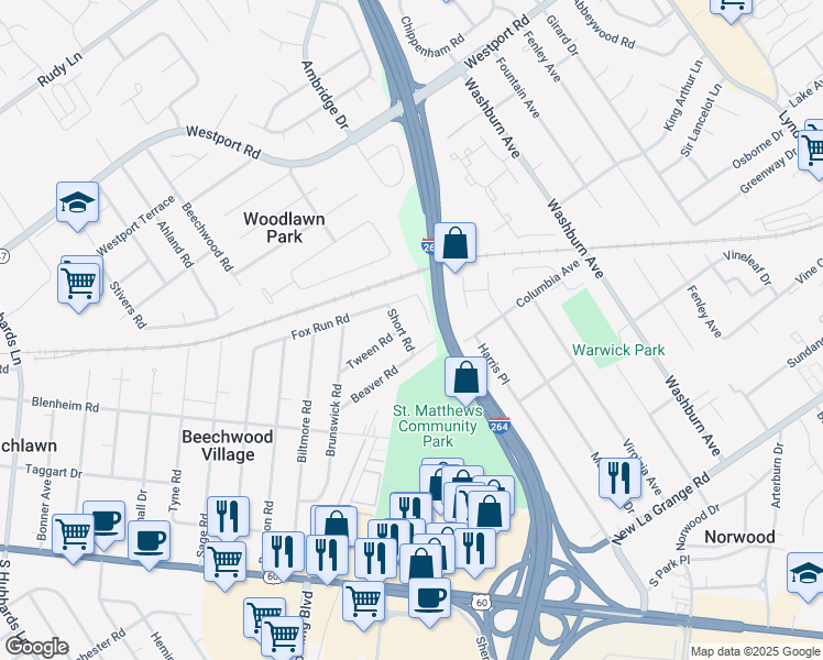 map of restaurants, bars, coffee shops, grocery stores, and more near 4620 Fox Run Road in Louisville