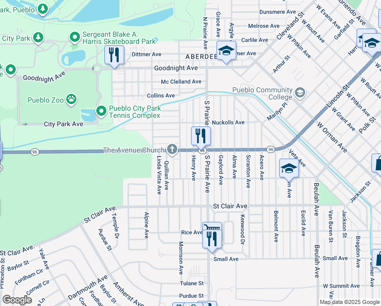 map of restaurants, bars, coffee shops, grocery stores, and more near 501 Henry Avenue in Pueblo