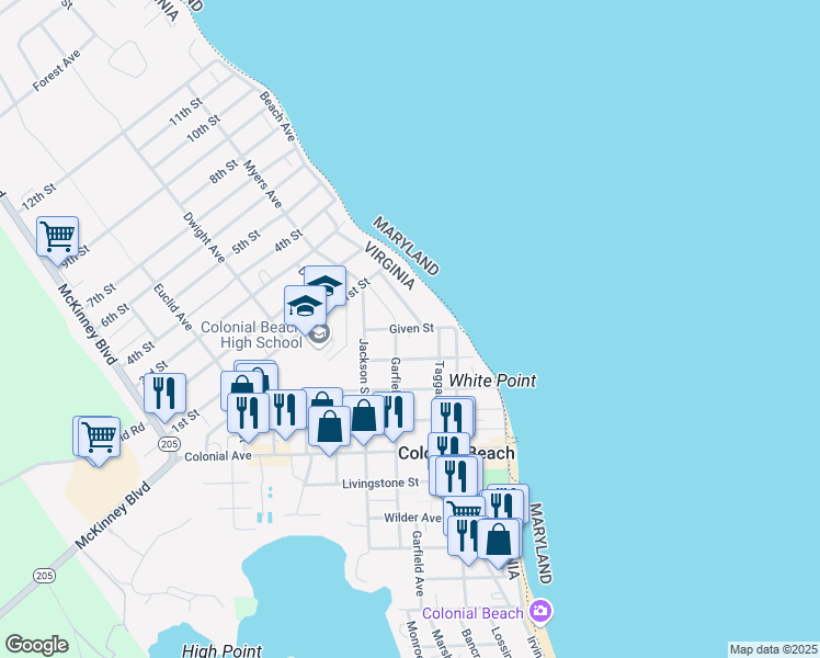map of restaurants, bars, coffee shops, grocery stores, and more near Given Street in Colonial Beach