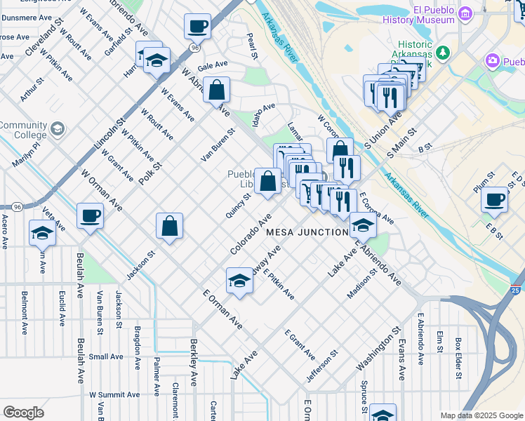 map of restaurants, bars, coffee shops, grocery stores, and more near 118 West Evans Avenue in Pueblo