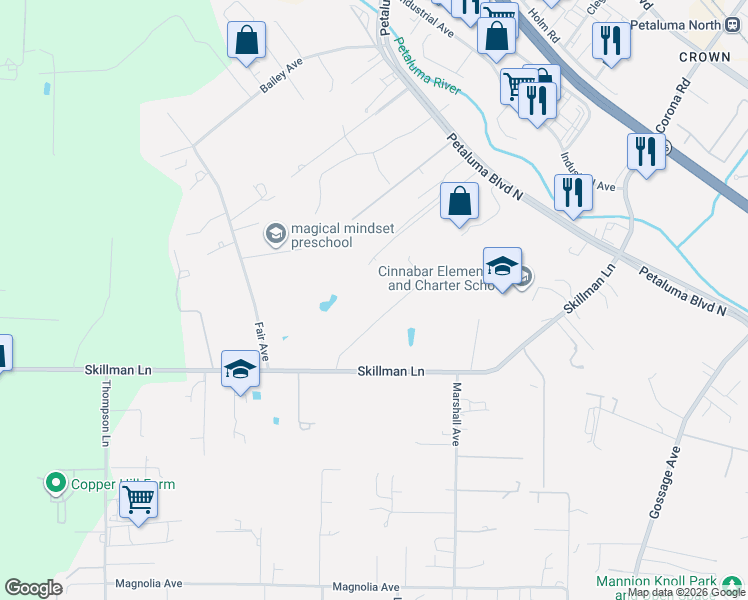 map of restaurants, bars, coffee shops, grocery stores, and more near 4041 Petaluma Boulevard North in Petaluma