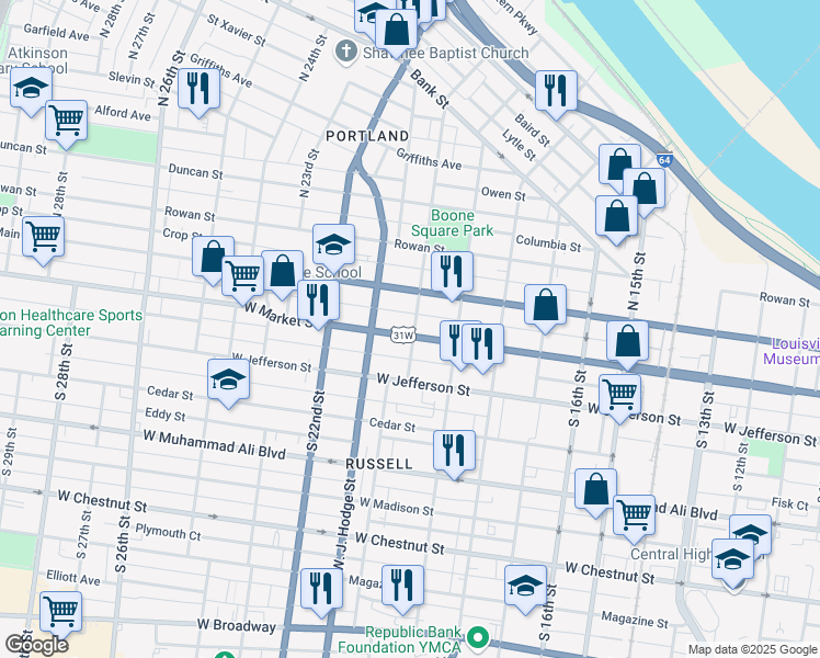 map of restaurants, bars, coffee shops, grocery stores, and more near 114 South 20th Street in Louisville