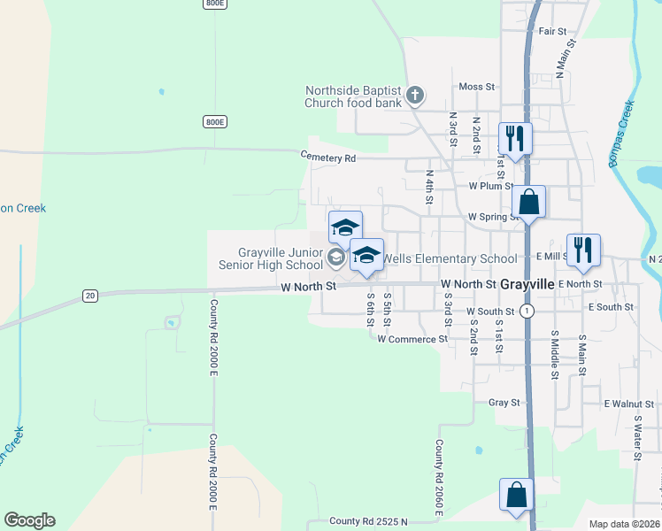 map of restaurants, bars, coffee shops, grocery stores, and more near 728 West North Street in Grayville
