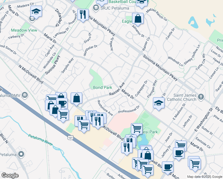 map of restaurants, bars, coffee shops, grocery stores, and more near 1585 Rainier Avenue in Petaluma