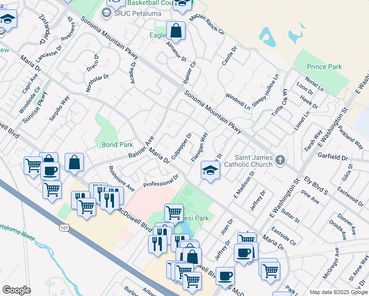 map of restaurants, bars, coffee shops, grocery stores, and more near 1626 Culpepper Drive in Petaluma