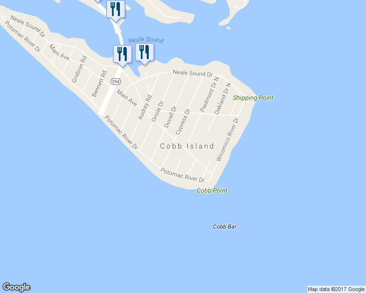map of restaurants, bars, coffee shops, grocery stores, and more near 14350 High Avenue in Cobb Island