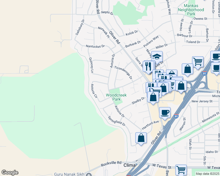 map of restaurants, bars, coffee shops, grocery stores, and more near 1500 Astoria Drive in Fairfield