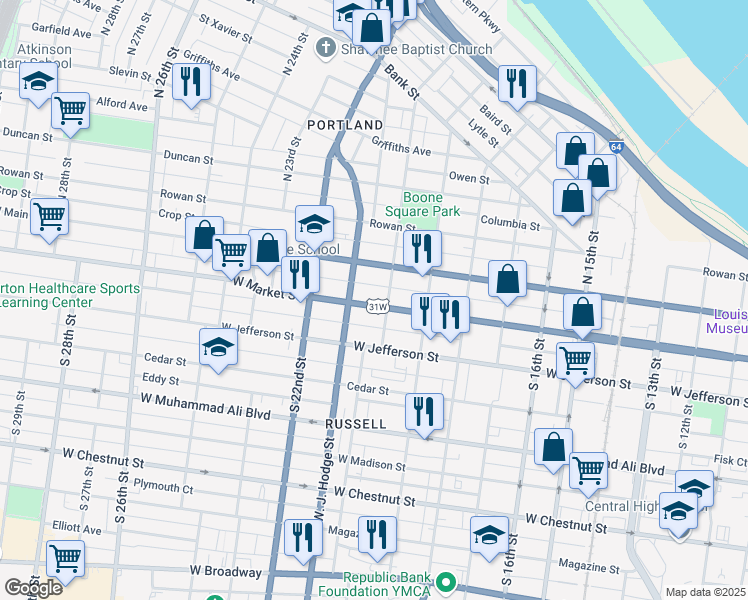 map of restaurants, bars, coffee shops, grocery stores, and more near 2013 West Market Street in Louisville