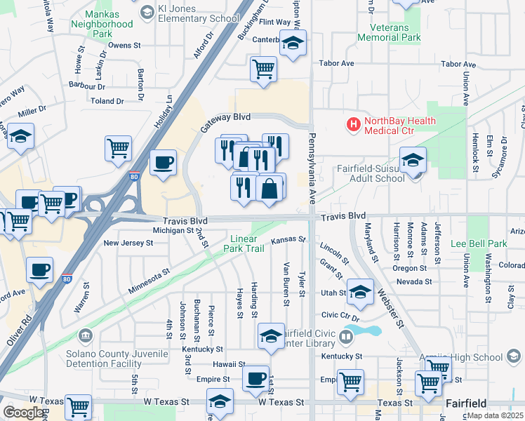 map of restaurants, bars, coffee shops, grocery stores, and more near 1420 Travis Blvd in Fairfield
