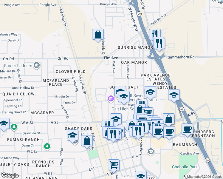 map of restaurants, bars, coffee shops, grocery stores, and more near 246 Oak Avenue in Galt