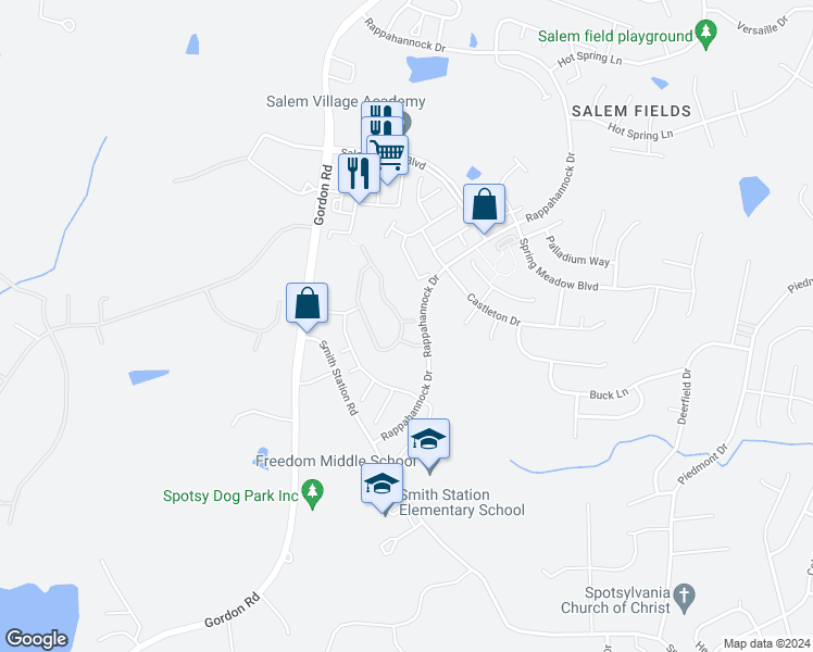 map of restaurants, bars, coffee shops, grocery stores, and more near 7008 Plush Court in Fredericksburg