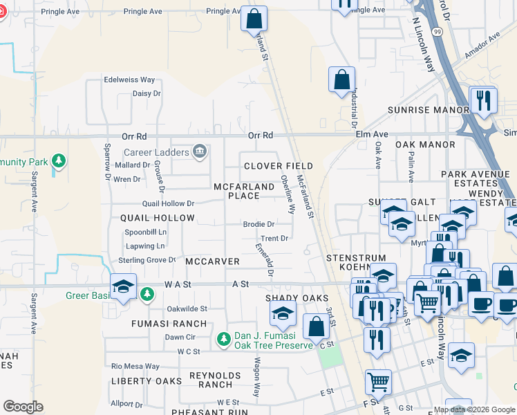 map of restaurants, bars, coffee shops, grocery stores, and more near 81 Lorna Way in Galt
