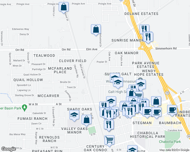 map of restaurants, bars, coffee shops, grocery stores, and more near 680 Alice Rae Circle in Galt